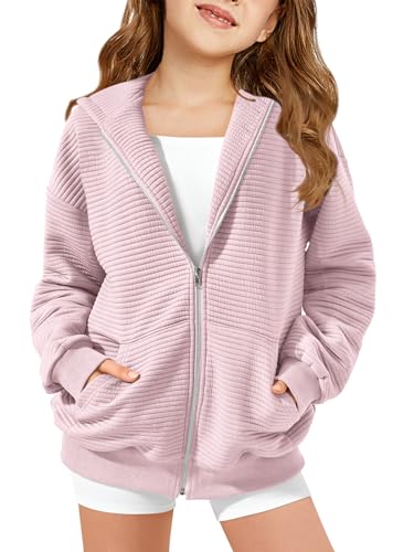Haloumoning Girls Zip Up Hoodie Kids Fashion Oversized Textured Sweatshirt Jacket with Pockets 5-14 Years Pink