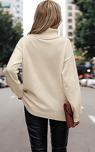 ECOWISH Women Fall Pullover Sweater Turtleneck Plaid Long Sleeve Loose Casual Chunky Checked Knit Winter Sweaters Jumper Tops B-Light Beige XL4