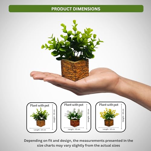 Image of DecoreBugs Artificial Eucalyptus Mini Potted Fake Plants, Wooden Pot, for Home Decor, Office Desk, Tabletop, Wall Shelves, Pack of 3