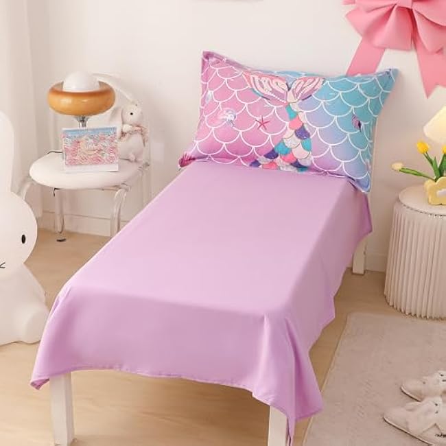 Mermaid Tail Toddler Bedding Set Crib Bedding Set for Girls 4 Pieces with Toddler Comforter, Toddler Bed Sheets, Pillowcase, Purple Blue Gradient