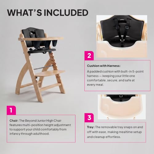 Image of Abiie Beyond Junior Wooden High Chair for Babies and Toddlers - Convertible 3-in-1 Baby Highchair with Removable Tray - 6 Months to 250 Lb - Water Resistant - Natural Wood /Black Pearl Cushion