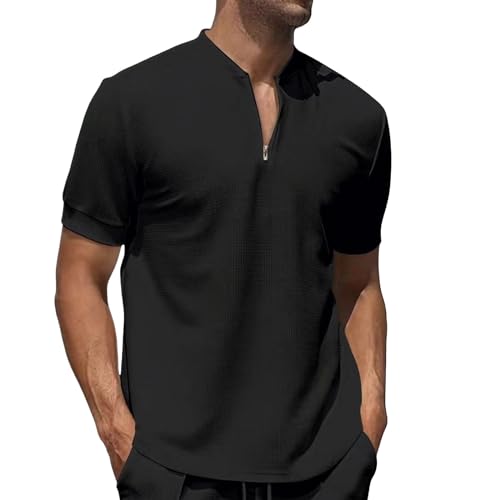 [veolaimy] Tシャツ メンズ 半袖 サマーニット 無地 吸水速乾 ドライ tシャツ 大きいサイズ ティーシャツ Vネック ヘンリーネック カットソー 細身 ピッタリ ストレッチ マッチョシャツ レイヤード オシャレ 通勤 通学 ゴルフ フィットネス(02#ブラック,XL)の商品画像（Amazon）