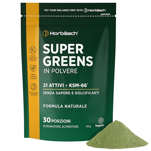 Super Greens Powder | 150 g | Integratore Vegano in Polvere con Ashwagandha KSM-66 e 21 Ingredienti Attivi - Clorella, Spirulina, Wheatgrass Powder, Multivitaminico e Minerali e Altro! | di Horbaach
