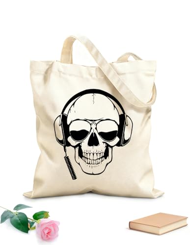 XIARON Bolsas reutilizables para la compra Auriculares con calavera, gafas de sol, tatuaje, área de juegos Tela de 340g/m² de grosor Eslogan personalizable S Negro