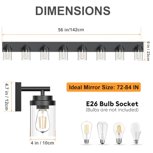 Image of IZORRO Bathroom Vanity Light Fixture, 8-Light 56 inch Matte Black Bathroom Light Fixtures Over Mirror, with Clear Glass Shade, Modern Farmhouse Vanity Lights, Rustic Restroom Lighting Fixtures
