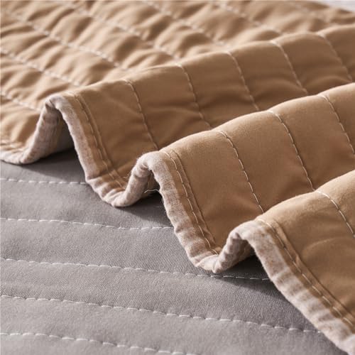 Colcha Queen a rayas blanco gris y caqui KAKIJUMN con funda 8