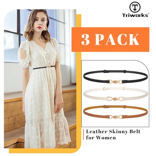Women Skinny Leather Belts 3 Pack Ladies Adjustable Thin Waist Belts with Gold Buckle for Dresses2