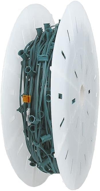 Novelty Lights 500 Foot C7 Christmas Stringer Bulk Reel, Green Wire, 12" Spacing, Candelabra Base (C7/E12), SPT-1 8 AMP Wire