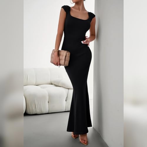 Image of ODIZLI Black Long Bodycon Dresses for Women Sexy Sleeveless Dress Cap Sleeve Maxi Cami Dresses Tight Black Dress Slim Fit Solid Color Elegant Party Club Streetwear Loungewear Slip Dress Black XL