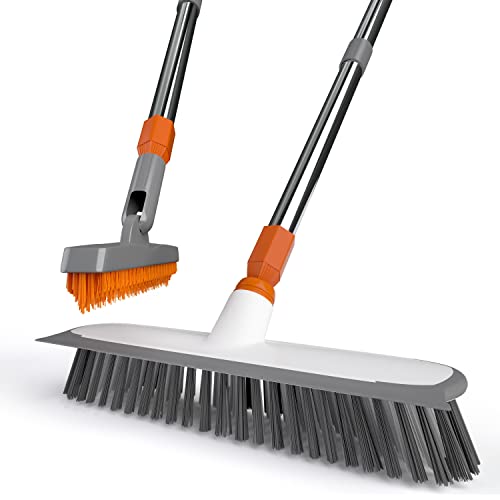 Heavy Duty Floor Scrub Brush And Grout Brush Set With Long Handle 12" Wide Floor Brush With Stiff Bristle Brush Scrubber For Cleaning Deck, Bathroom, Tile, Kitchen, Swimming Pool (2 Pack Brush Head) #TOP5