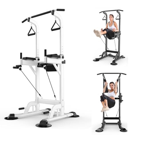Maquina Dominadas Multifuncional, Estación de Dominadas Altura Ajustable, Estación de Musculación para Gimnasio en Casa, Máquina de Musculación Ejercicio Fuerza,Blanca
