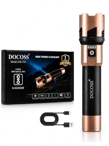 DOCOSS Metal Rechargeable Torch Light High Power,4000 mah Battery & 6 Hrs Work time with Power Display,Zoomable Flashlight/Powerfull Small Torch Long Range,Waterproof (1 Year Warranty) - Image 2