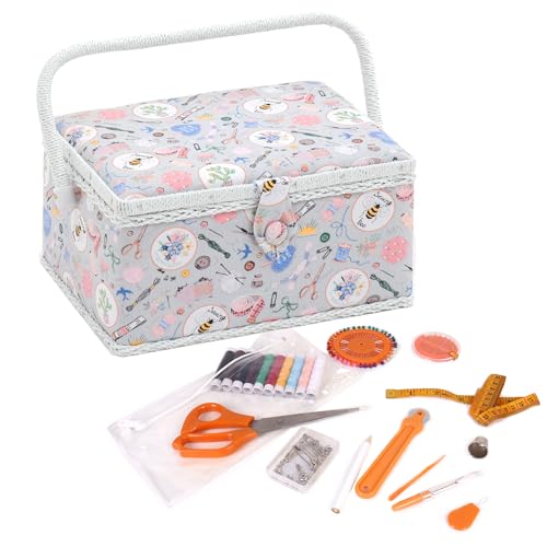 Hobby Gift Exclusiva caja de almacenamiento para manualidades precargada con kit de costura de 94 piezas incluido, 18,5 x 25,5 x 14,5 cm, hecho en casa