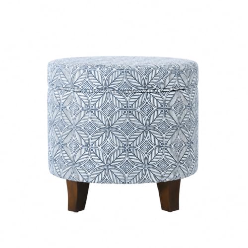 Image of HomePop Upholstered Round Storage Ottoman Home Decor|Upholstered Round Foot Rest Ottoman -Blue Indigo Print Large