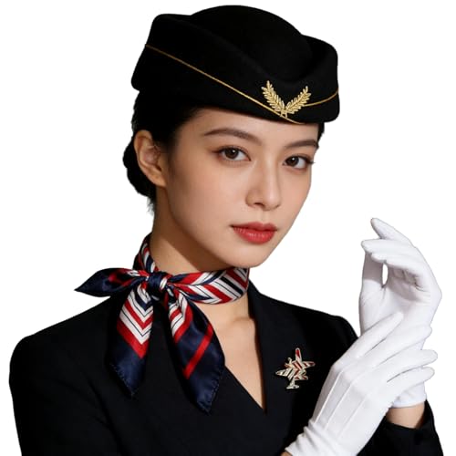 Beisto 4Pcs Flight Attendant Costume Accessories, Women Black Stewardess Hat Blue Scarf Gloves Plane...