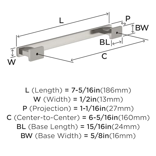 Image of Amerock 25 Pack 6-5 /16 inch Triomphe Satin Nickel Drawer Pull | 6-5 /16 inch (160mm) Center-to-Center Mounting Distance and 7-5 /16 inches Overall Length, Durable Zinc Cabinet Hardware