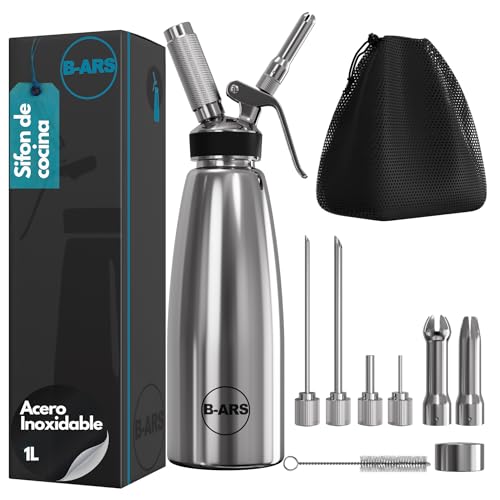 B-ARS Sifon Cocina-Sifon Cocina Espumas-Sifon de Cocina-Sifon de Nata-Dispensador Crema Batida-Sifon de Cocina Profesional-Dispensador Nata Batida Acero Inoxidable 1L