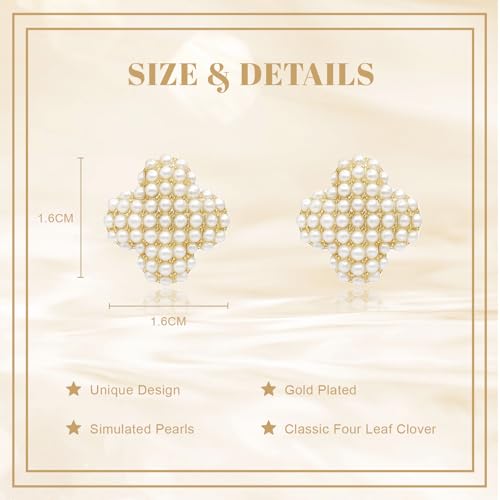 Pendientes de tuerca de trébol dorado con perlas elegantes para mujer 7