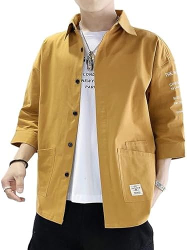 （13:30時点） 夏服 メンズ 七分袖 シャツ リネンシャツ メンズ 吸汗速乾 汗染み防止 快適な 軽い 柔らかい かっこいい ワイシャツ カジュアル シンプル オシャレ 人気 春夏 対応 1901Yellow XL