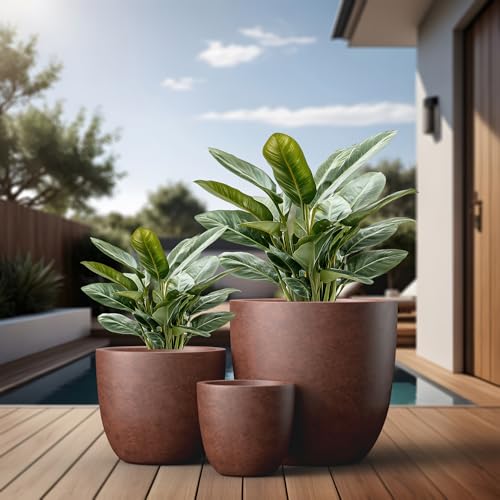 Image of Kante Set of 3 Rusty Concrete Bowl Planters 18 inch 14 inch 10 inch Dia