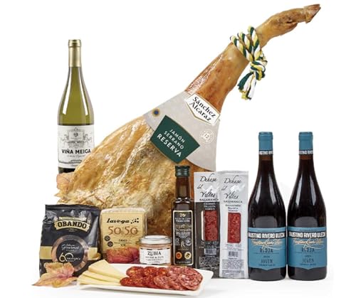 Lote 27: Cesta de Navidad Jamonera con Jamón Reserva 12 Meses y Vinos Rioja - Ibéricos a domicilio gourmet