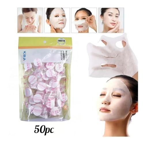 Image of KIRA Compressed Facial Mask Tablets Disposable Paper Natural Cotton Skin DIY Home Spa Coin Face Mask Sheet for Women and Girl (Pack of 24)
