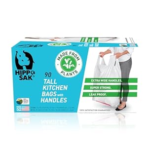Hippo Sak – Plant Based Tall Kitchen Garbage Bags with Ergonomic Handles – 13 Gallon Trash Bags – Recyclable & Eco Friendly – Super Strong and Leak Proof Tall Kitchen Trash Bags (90 Count)