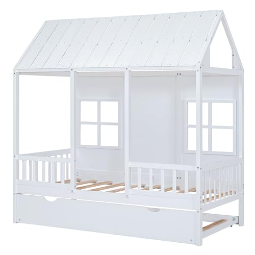 Image of Twin House Beds with Trundle for Kids Montessori Bed Wood Playhouse Tent Bed Frame for Girls Boys, Twin Size , White