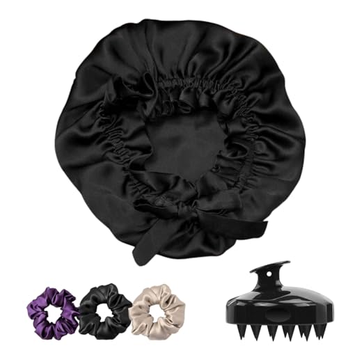 Image of Silk Satin Hair Bonnet Reversible Adjustable tie Band Satin Bonnet Wrap Silk Bonnet Hair with Hair Scalp Massager Shampoo Brush and scrunchies (Dark Green)