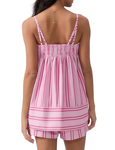 Wyeysyt Women 2 Piece Lounge Set Striped Pajama Set Ruffle Hem Cami Tops and Stripe Boxer Shorts Pj Set Sleepwear3
