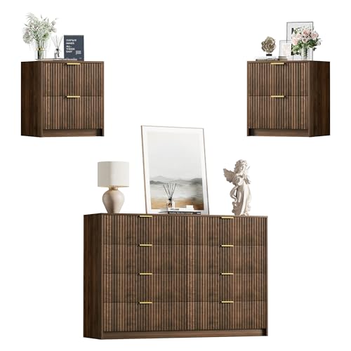 Image of Furniway Modern Walnut Bedroom Set, Fluted Wood 8 Drawer Dresser with Elegant Gold Handles and 2 Drawer Nightstands, 3 Piece Storage Furniture