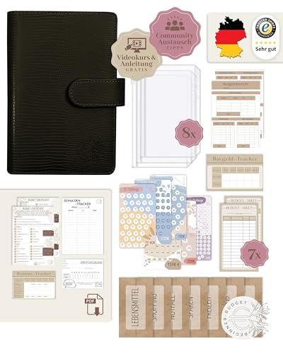 BeginnerBudget® Budget Planner Deutsch - Starterset mit Sparchallenge Budgetplaner - Sparen mit Umschlagmethode + Anleitung - Ringbuch A6 - Binder A6 Gecko-Style (Schwarz)