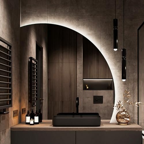 3 Farben Wechselnde LED Beleuchtete Spiegel,Mode Halbrunde Badezimmer Spiegel,50CM|60CM|70CM|80CM Wandspiegel,Kosmetikspiegel Mit Touch Switch, Für Badezimmer, Schlafzi(Size:80cm,Color:Linker Schnitt)