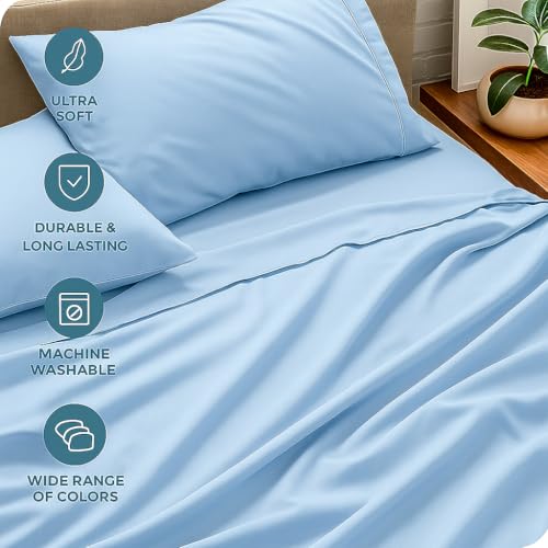 Image of Luxury Cotton Bedsheets - Double Size 90 x 100 Inches - Soft, Lightweight & Wrinkle-Free - Includes 2 Pillow Covers - Light Blue