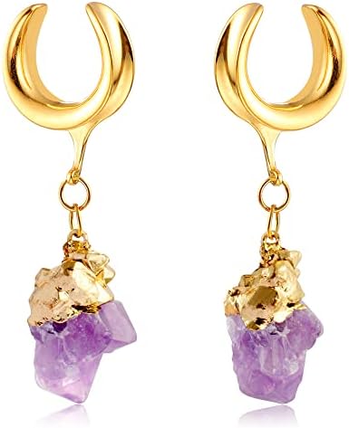 Earblity 22mm(7/8") Saddle Tunnels Ear Gauges Plugs Irregular Purple Natural Stone Dangle Hypoallergenic 316 Stainless Steel Ear Tunnels Piercing Stretcher Earring Body Jewelry 2PCS