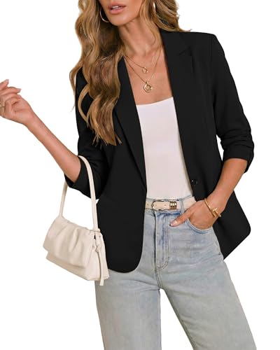 LookbookStore Blazers for Women Business Casual 3/4 Sleeve Fitted Suit Jackets Cropped Crop Sleeve Dressy Black Blazer Size Medium Size 8 10