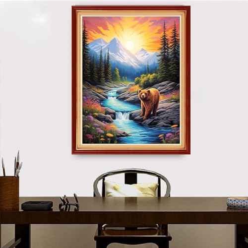 Image of Redxing Stamped Cross Stitch Kits Embroidery kit for Beginners Adults Full Range of Embroidery Patterns Starter Kits DIY Printed Cross Stitch Kits Needlepoint Kits 11CT-Brown Bear Aurora 16x20 inch