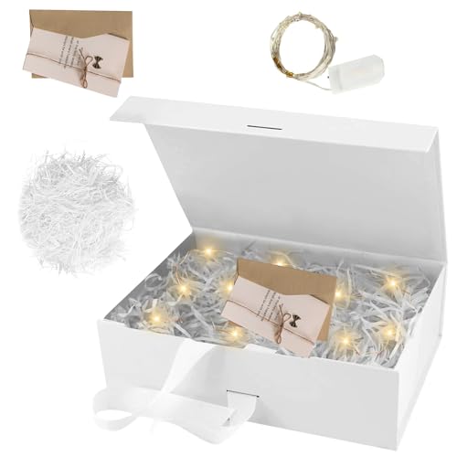 Caixa de presente com laço (21 x 17 x 7 cm), caixa de presente de luxo premium com fita, caixas presentes magnética, LED caixa decorativa reutilizável, caixa de presente com tampa para aniversário