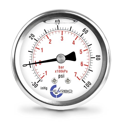 Image of Compound Pressure Gauge -30 inHg to 100 PSI, Liquid Filled, 2.5 inch Dial, 1 /4 NPT Back Mount, 304 Stainless Steel Case, Brass Wetted Parts, Dual Scale PSI /inHg - ASME B40.1 Grade A