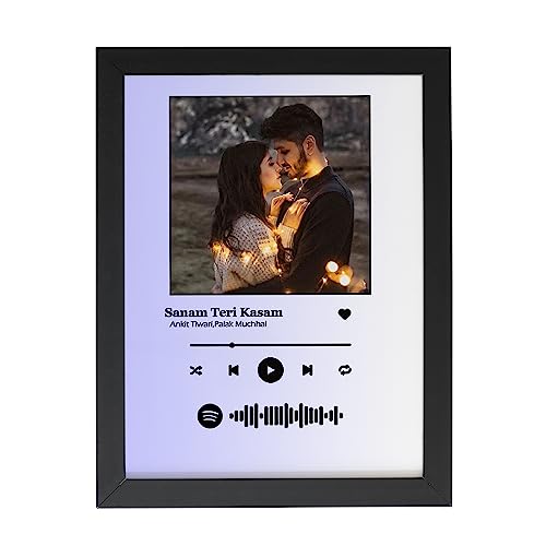 Image of wood Spotify Rectangular Shape Wall Mount Photo Frame Personalized Picture Music Frame Anniversary For Gift | Scannable Spotify Song Qr Code Frame With Your Photo, Purple & White - 5X7 Inch