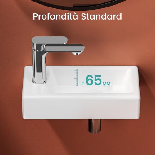 EMKE Aufsatzwaschbecken 365 x 180 x 90 mm - kompaktes und elegantes Waschbecken für kleine Badezimmer und Gäste-WCs - Armatur links, Wandmontage, Weiß glänzend