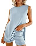 Photo Gallery yimoon completo estivo da donna, 2 pezzi, per spiaggia, vacanze, senza maniche, tunica e pantaloncini coordinati, blu, large Photo Gallery yimoon completo estivo da donna, 2 pezzi, per spiaggia, vacanze, senza maniche, tunica e pantaloncini coordinati, blu, large