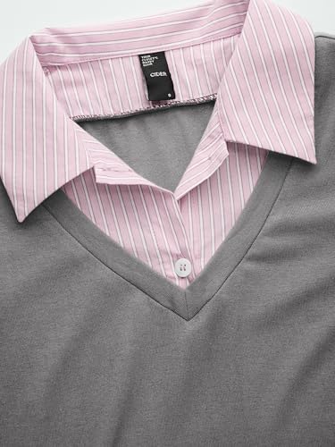 Image of CIDER Women Cotton Collar Stripe Two Tone Short Sleeve Knit Fabric Tops