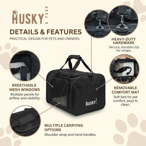 Image of Husky & Purr Cat Bag Carrier for Cats & Small Dogs | Airline Approved Soft-Sided Pet Carrier | Safety Interior Leash | Comfort Travel Small Dog Bag | Up to 8kgs