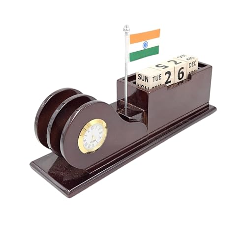 Image of WOOD HOUSE Wooden Pen Stand with Mobile Holder & 100-Year Perpetual Calendar for Office Table | Desk Organizer with New Year 2024 Calendar | Lifetime Calendar Pen Holder (WH-70N)
