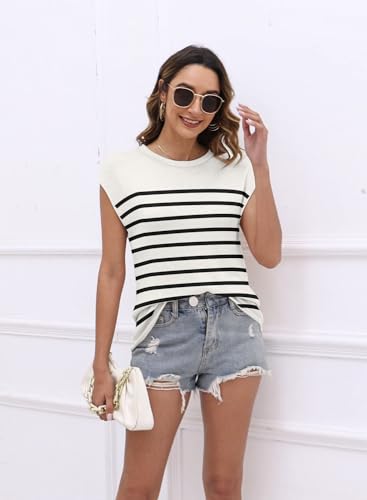 Image of Womens Cap Sleeve Sweater Vest Summer Tops Sleeveless Tank 2026 Trendy Spring Clothes Striped Short Sleeve Shirts,Stripe Apricot,Medium