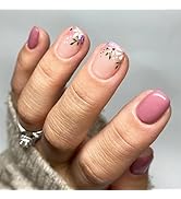 Flower Press on Short Nails Square Flower Fake Nails Pink Color Glue on Nails Coffin Full Cover S...