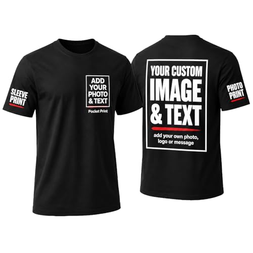 T-Shirt personnalisé sur Mesure – Ajoutez la Photo, l’Image, Le Logo, la Couleur ou Le Texte de Votre Choix – Impression Devant | Dos | Poche | Manche – Noir – Tailles S|M|L|XL|2XL|3XL