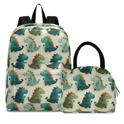 Cute Dinosaur Print Backpack Set with Lunch Bag, Large Capacity Travel Backpacks and Lunch Box Insulated for Commute Hiking Picnic