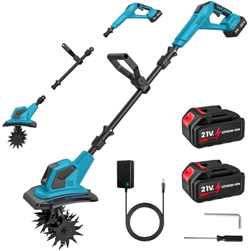 Motobineuse Electrique 21V, Motoculteur sans Fil 600 W avec 2 x 4,0 Ah Batteries, Largeur de Travail 17 cm, Profondeur de Travail 24 cm, 360 TR/Min,...